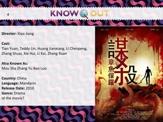   Director:  Xiao Jiang Cast: Tian Yuan, Teddy Lin, Huang Jianxiang, Li Chenpeng, Zhang Shuai, Xie Hui, Li Kai, Zhang Xuan Also Known As: Mou Sha Zhang Yu Bao Luo Country:  China Language:  Mandarin Release Date:  2010 Genre:  Drama Id the movie? 4 