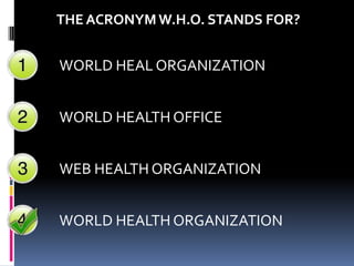 THE ACRONYM W.H.O. STANDS FOR?


WORLD HEAL ORGANIZATION


WORLD HEALTH OFFICE


WEB HEALTH ORGANIZATION


WORLD HEALTH ORGANIZATION
 