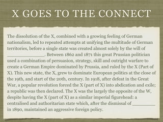 X GOES TO THE CONNECT
The dissolution of the X, combined with a growing feeling of German
nationalism, led to repeated attempts at unifying the multitude of German
territories, before a single state was created almost solely by the will of
_____________. Between 1862 and 1871 this great Prussian politician
used a combination of persuasion, strategy, skill and outright warfare to
create a German Empire dominated by Prussia, and ruled by the X (Part of
X). This new state, the X, grew to dominate European politics at the close of
the 19th, and start of the 20th, century. In 1918, after defeat in the Great
War, a popular revolution forced the X (part of X) into abdication and exile;
a republic was then declared. The X was the largely the opposite of the W,
despite having the X (part of X) as a similar imperial figurehead: a
centralised and authoritarian state which, after the dismissal of ________
in 1890, maintained an aggressive foreign policy.
 