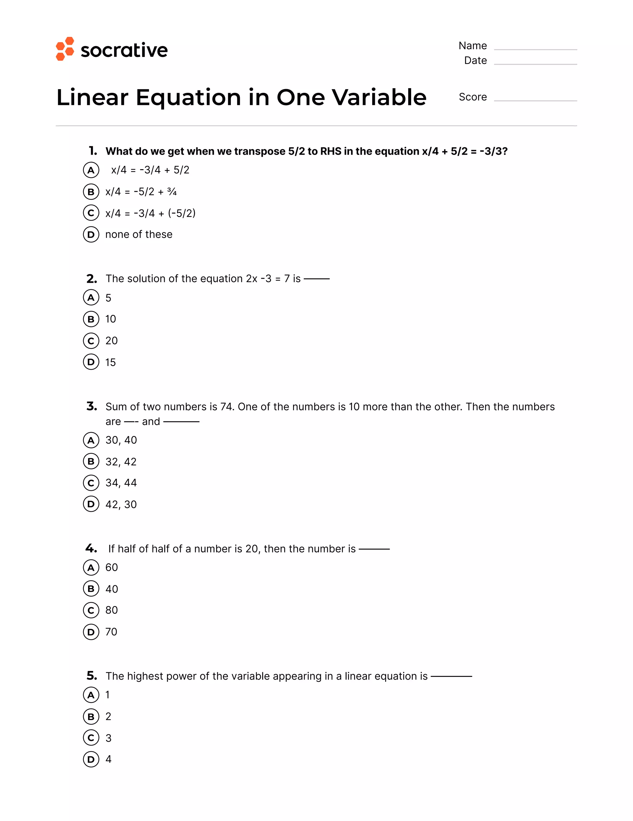 Quiz linear equation in one variable | PDF | Physics | Science