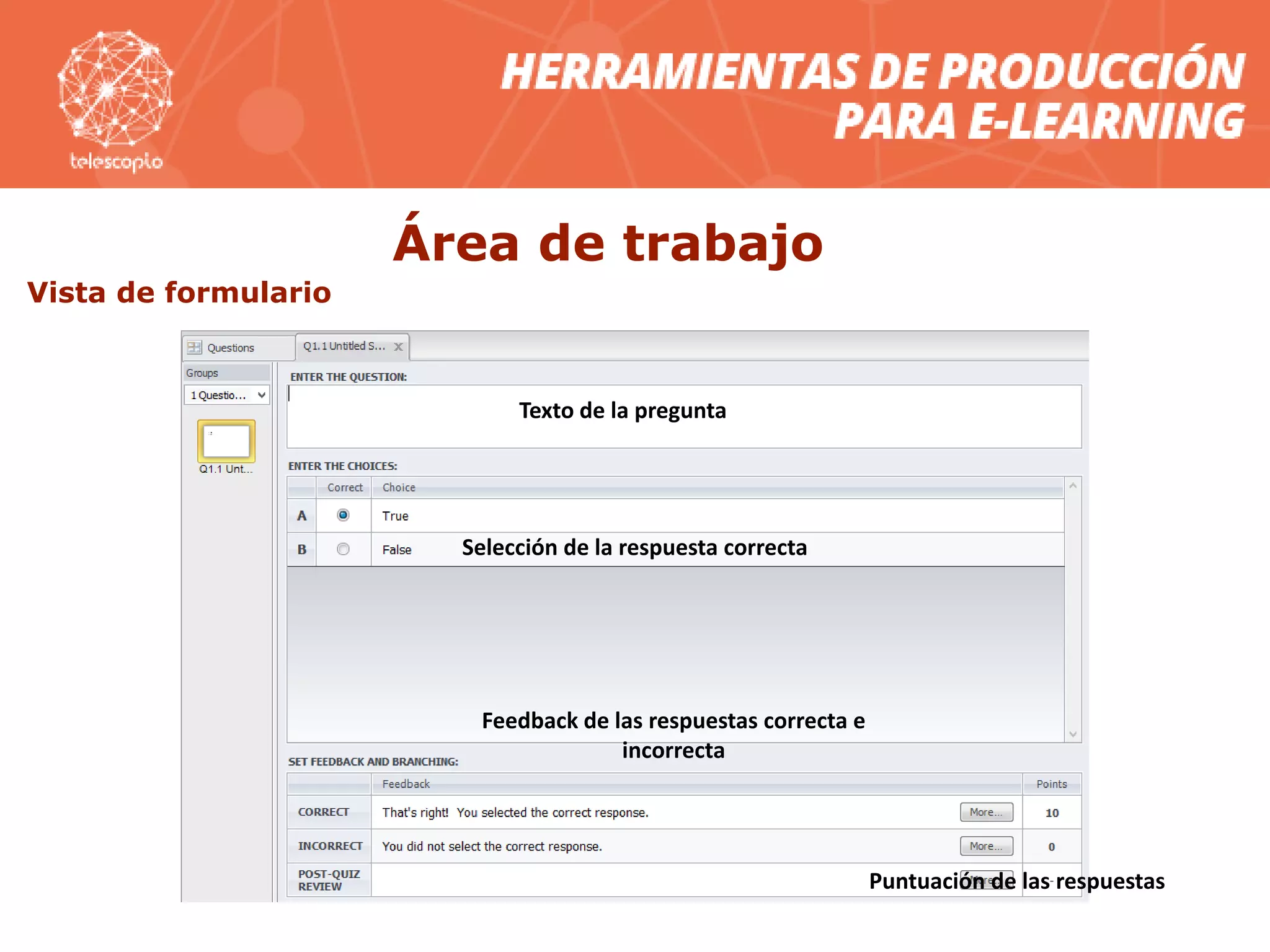 Vista de formulario
Área de trabajo
Texto de la pregunta
Selección de la respuesta correcta
Feedback de las respuestas correcta e
incorrecta
Puntuación de las respuestas
 