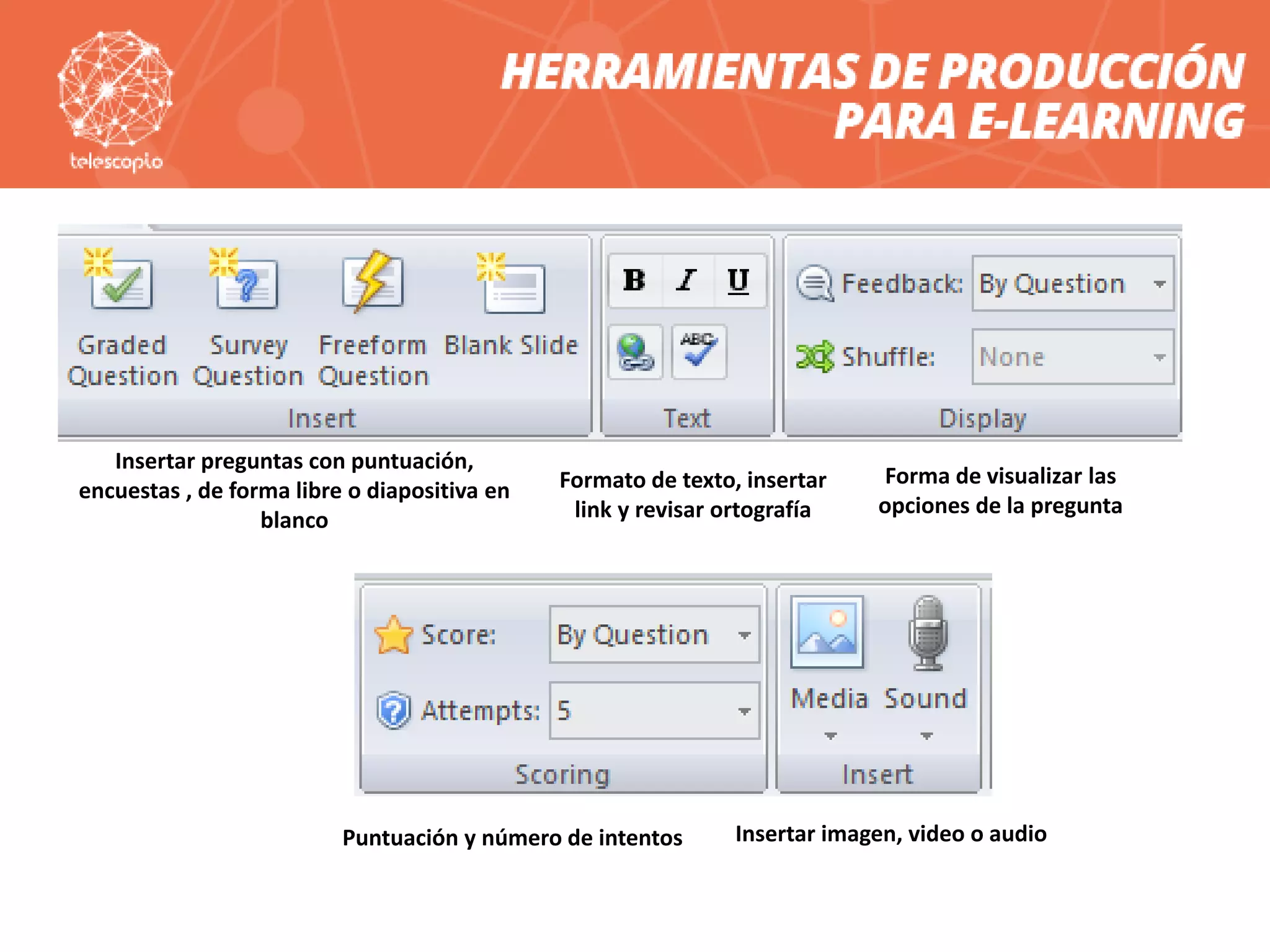 Insertar preguntas con puntuación,
encuestas , de forma libre o diapositiva en
blanco
Insertar imagen, video o audio
Formato de texto, insertar
link y revisar ortografía
Forma de visualizar las
opciones de la pregunta
Puntuación y número de intentos
 