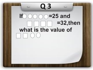 Q 3
If =25 and
=32,then
what is the value of
 