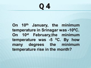 On 10th January, the minimum
temperature in Srinagar was -100C.
On 10st February,the minimum
temperature was -5 0C. By how
many degrees the minimum
temperature rise in the month?
Q 4
 