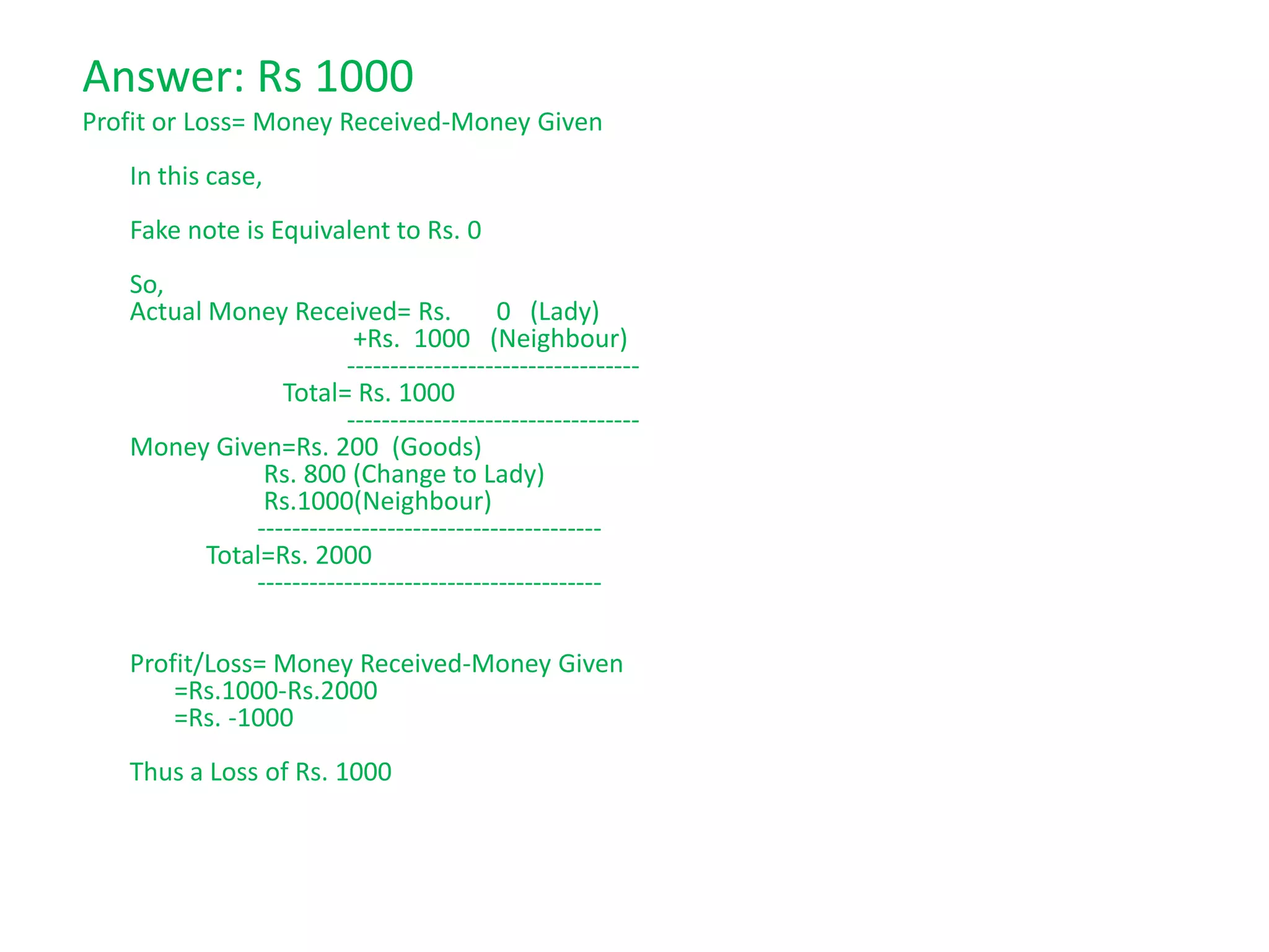 Answer: Rs 1000
Profit or Loss= Money Received-Money Given
In this case,
Fake note is Equivalent to Rs. 0
So,
Actual Money Received= Rs.
0 (Lady)
+Rs. 1000 (Neighbour)
---------------------------------Total= Rs. 1000
---------------------------------Money Given=Rs. 200 (Goods)
Rs. 800 (Change to Lady)
Rs.1000(Neighbour)
---------------------------------------Total=Rs. 2000
---------------------------------------Profit/Loss= Money Received-Money Given
=Rs.1000-Rs.2000
=Rs. -1000
Thus a Loss of Rs. 1000

 