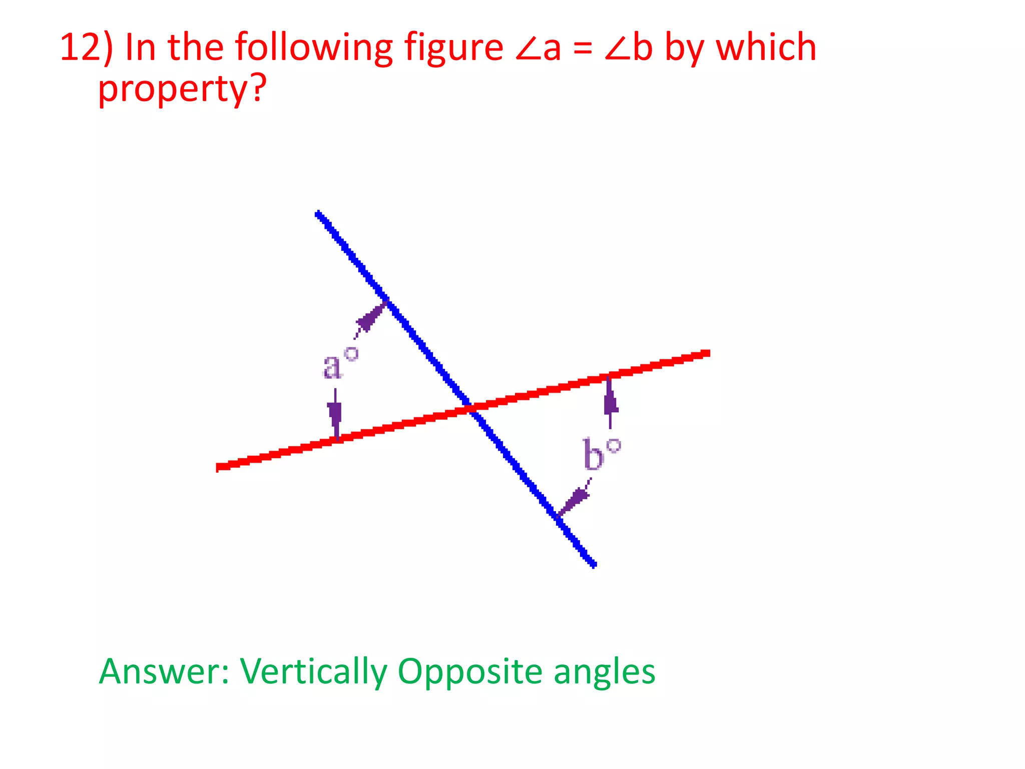 12) In the following figure ∠a = ∠b by which
property?

Answer: Vertically Opposite angles

 