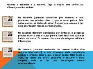 Quanto a resenha e o resumo, faça a opção que define as
diferenças entre ambas:
Na resenha (também conhecida por síntese), é um
processo que precisa dizer o que o autor pensa, fala
sobre a obra, as ideias do autor. Enquanto o resumo é faz
uma abordagem menos pormenorizada.
Na resenha (também conhecida por síntese), o processo
precisa dizer o que o autor pensa, sem levar em conta as
ideias do autor. O resumo faz uma abordagem crítica e
informativa.
Na resenha (também conhecida por resumo crítico e/ou
resumo informativo), é um processo mais complicado
porque é preciso dizer o que o autor pensa, falar sobre a
obra, as ideias do autor. Enquanto o resumo é mais
simples onde se faz uma abordagem menos
pormenorizada.
 