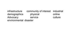 infrastructure community of interest industrial
demographics physical online
Advocacy service culture
environmental disaster
 