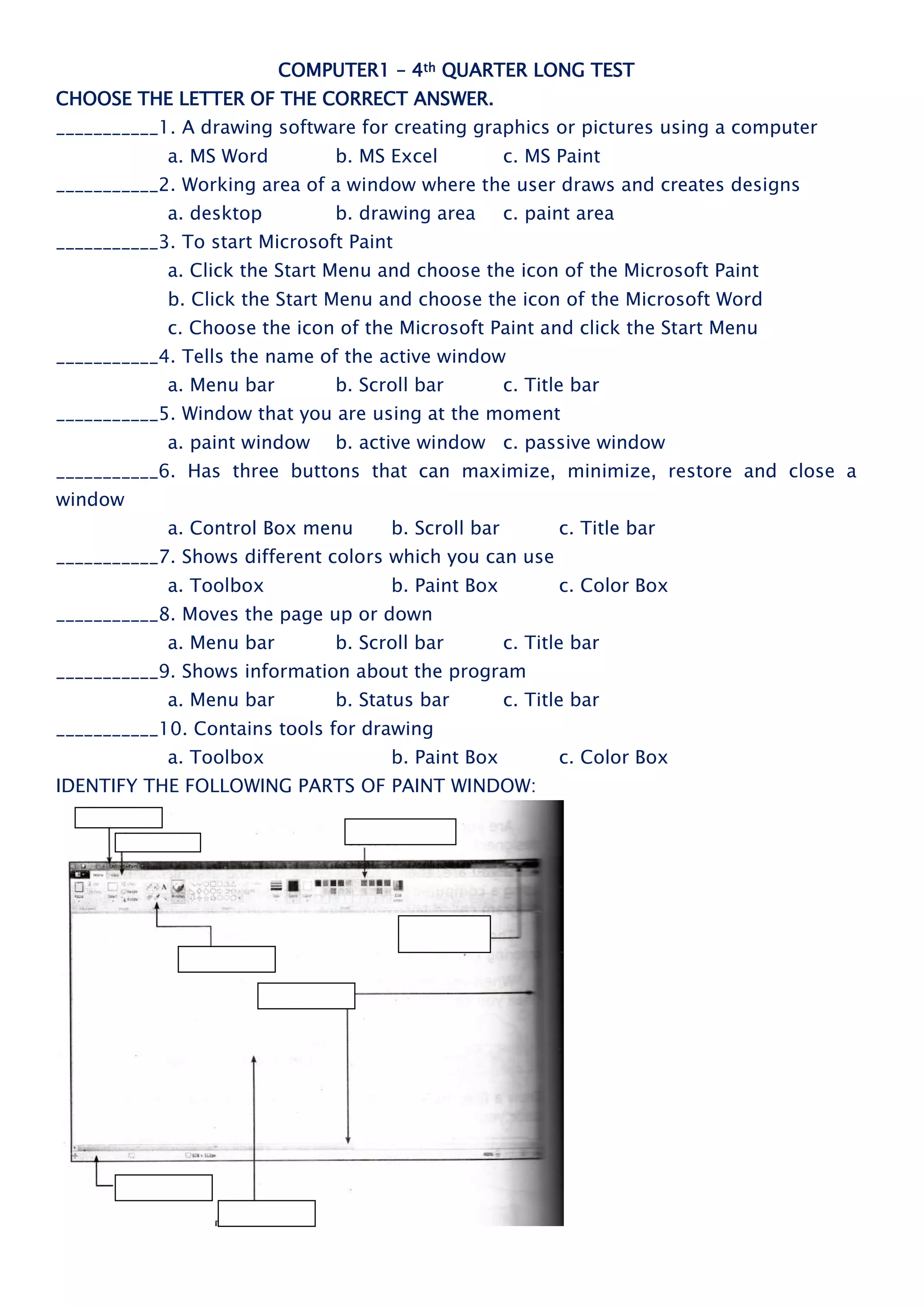 Paint Program Questions Quiz ms paint | PDF
