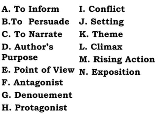 A. To Inform
B.To Persuade
C. To Narrate
D. Author’s
Purpose
E. Point of View
F. Antagonist
G. Denouement
H. Protagonist
I. Conflict
J. Setting
K. Theme
L. Climax
M. Rising Action
N. Exposition
 
