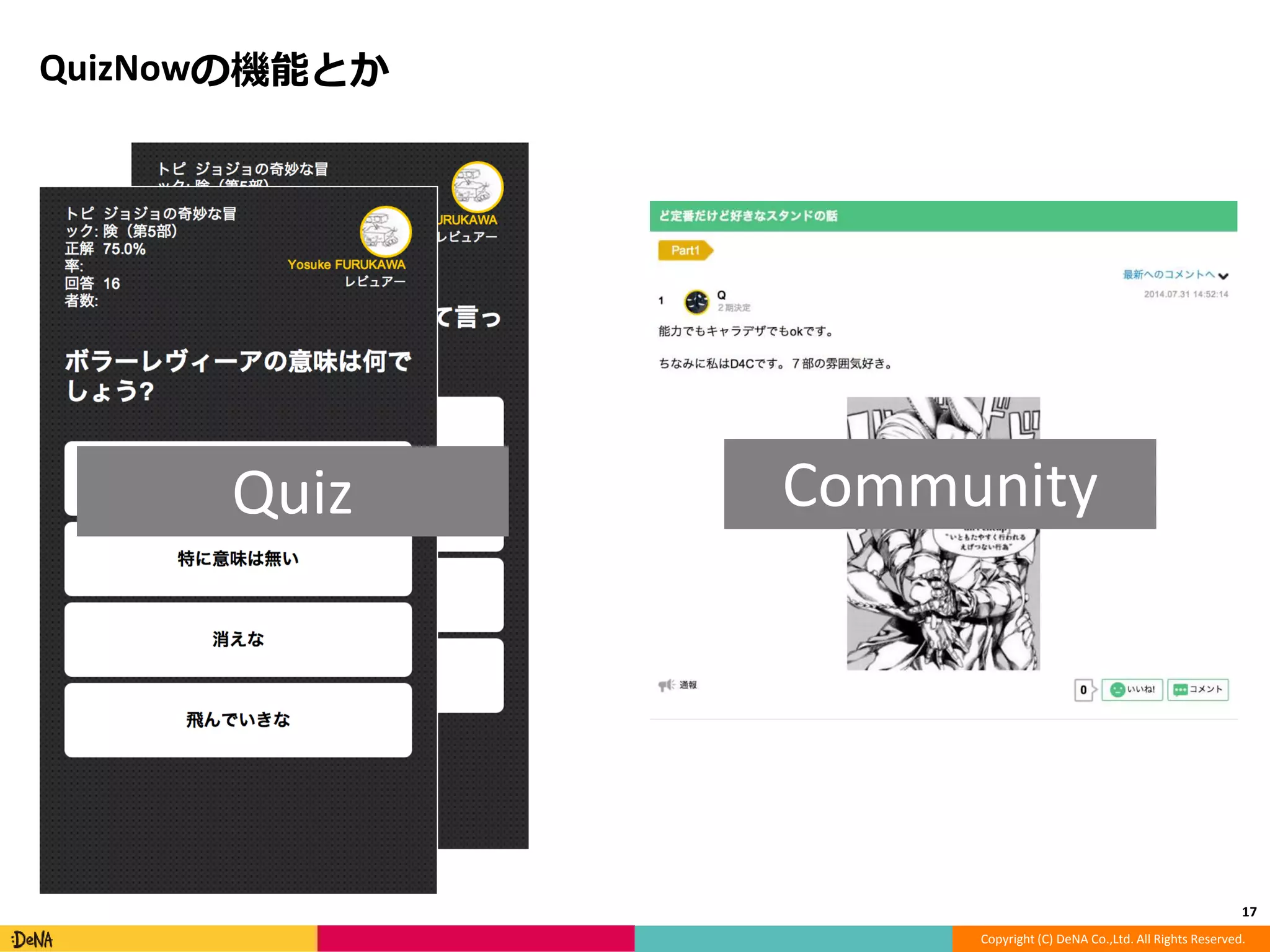 Copyright (C) DeNA Co.,Ltd. All Rights Reserved. 
QuizNowの機能とか 
17 
Quiz Community 
 