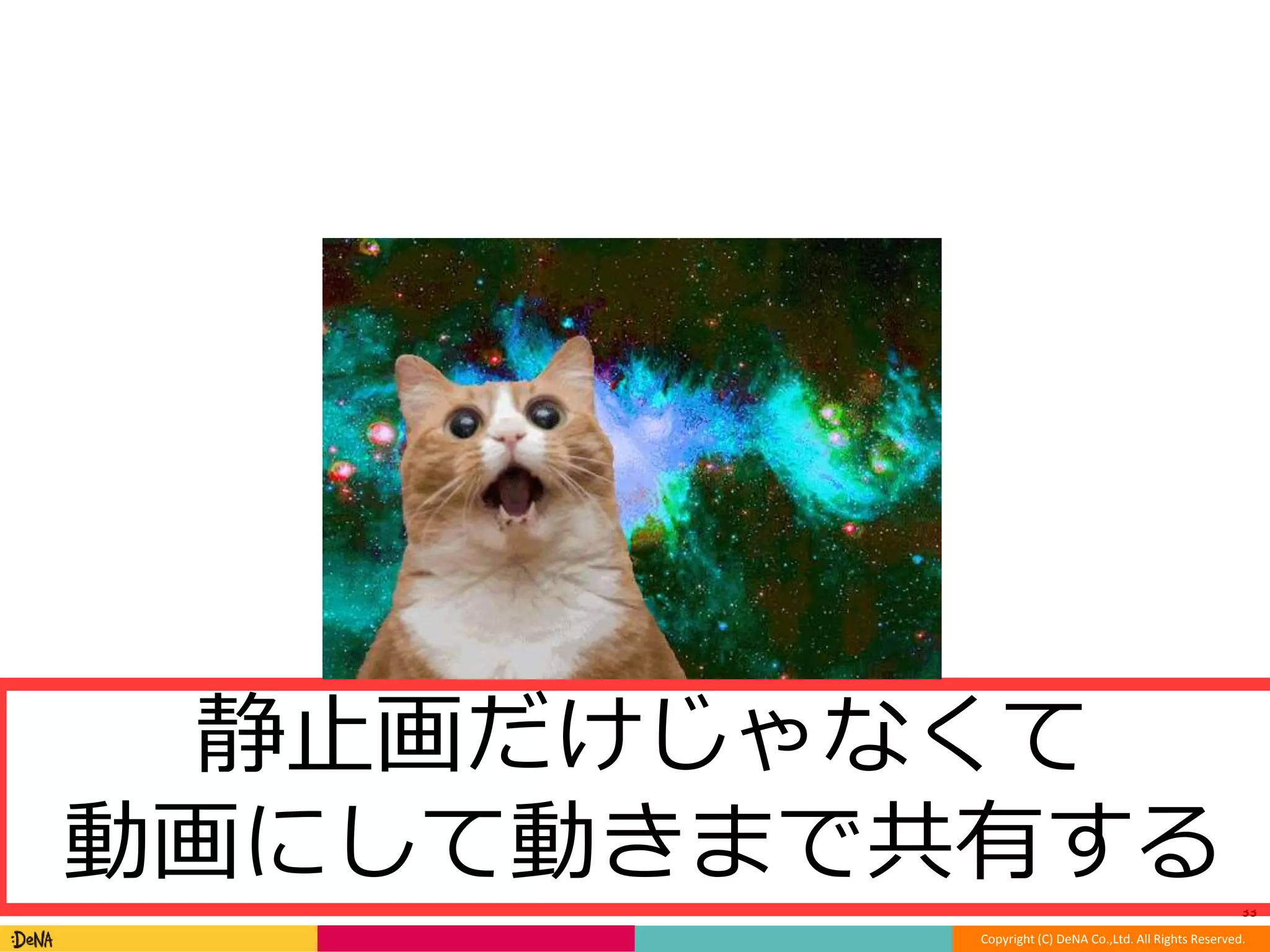 33 
静止画だけじゃなくて 
動画にして動きまで共有する 
Copyright (C) DeNA Co.,Ltd. All Rights Reserved. 
 