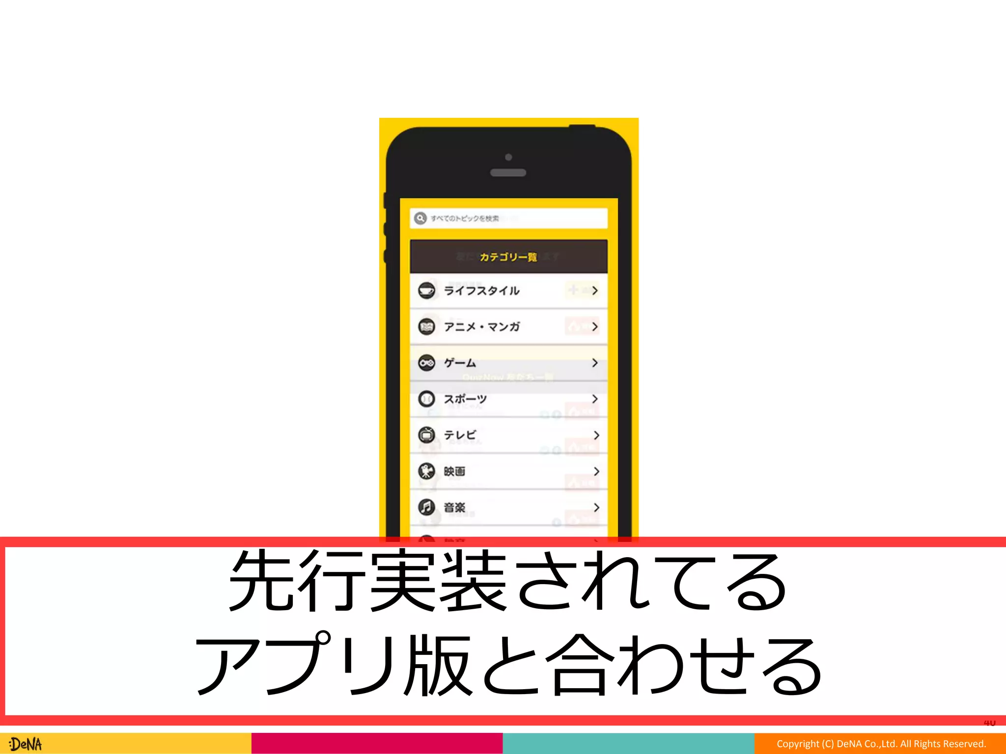 40 
先行実装されてる 
アプリ版と合わせる 
Copyright (C) DeNA Co.,Ltd. All Rights Reserved. 
 
