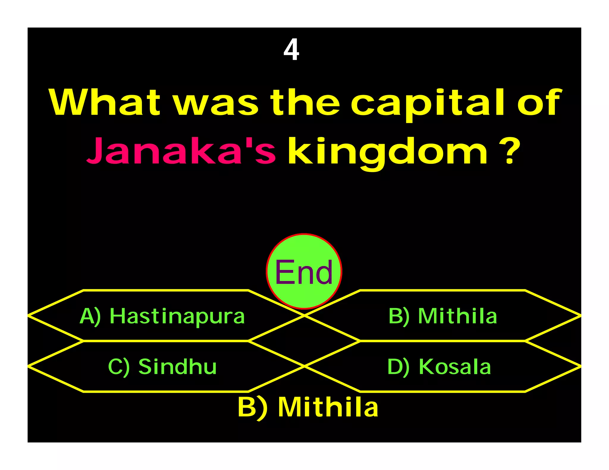 What was the capital of
Janaka's kingdom ?
4
C) Sindhu D) Kosala
A) Hastinapura B) Mithila
B) Mithila
302928272625242322212019181716151413121110987654321End
 
