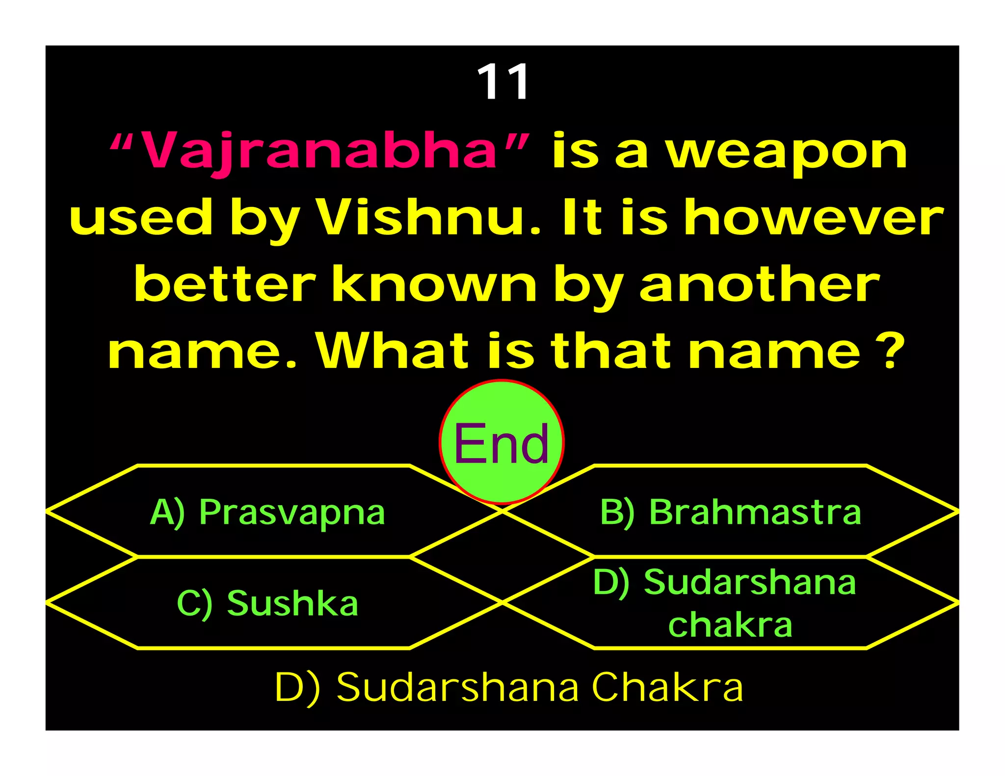 “Vajranabha” is a weapon
used by Vishnu. It is however
better known by another
name. What is that name ?
11
C) Sushka
D) Sudarshana
chakra
A) Prasvapna B) Brahmastra
D) Sudarshana Chakra
302928272625242322212019181716151413121110987654321End
 