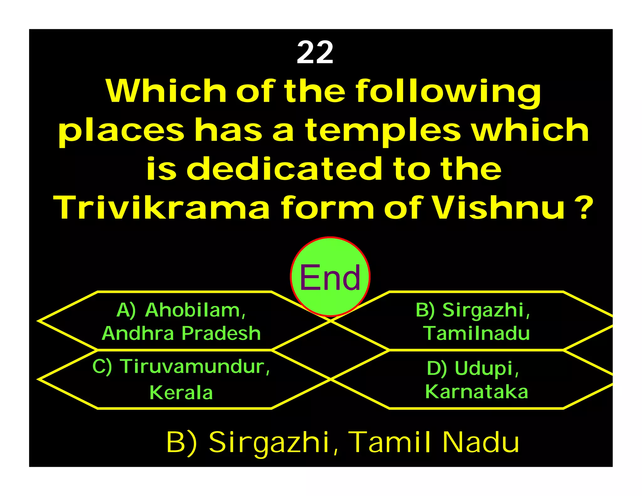 Which of the following
places has a temples which
is dedicated to the
Trivikrama form of Vishnu ?
22
C) Tiruvamundur,
Kerala
D) Udupi,
Karnataka
A) Ahobilam,
Andhra Pradesh
B) Sirgazhi,
Tamilnadu
B) Sirgazhi, Tamil Nadu
302928272625242322212019181716151413121110987654321End
 