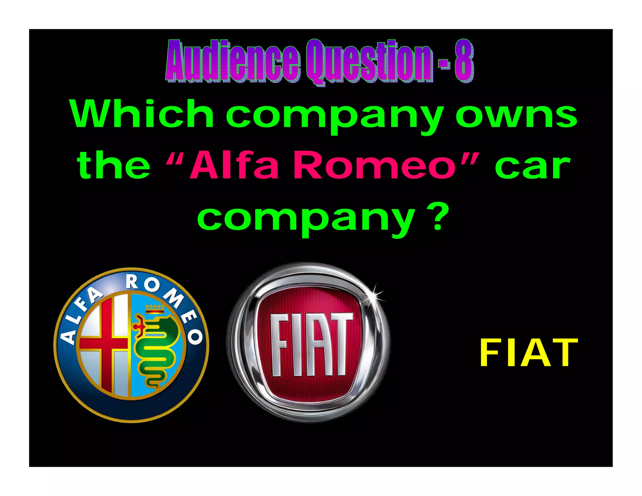 Which company owns
the “Alfa Romeo” car
company ?
FIAT
 