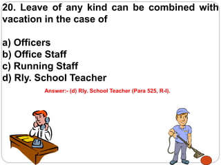20. Leave of any kind can be combined with
vacation in the case of
a) Officers
b) Office Staff
c) Running Staff
d) Rly. School Teacher
Answer:- (d) Rly. School Teacher (Para 525, R-I).
 
