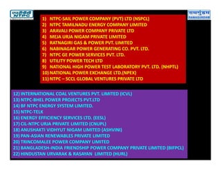 1) NTPC-SAIL POWER COMPANY (PVT) LTD (NSPCL)
2) NTPC TAMILNADU ENERGY COMPANY LIMITED
3) ARAVALI POWER COMPANY PRIVATE LTD
4) MEJA URJA NIGAM PRIVATE LIMITED
5) RATNAGIRI GAS & POWER PVT. LIMITED
6) NABINAGAR POWER GENERATING CO. PVT. LTD.
7) NTPC GE POWER SERVICES PVT. LTD.
8) UTILITY POWER TECH LTD
9) NATIONAL HIGH POWER TEST LABORATORY PVT. LTD. (NHPTL)
10) NATIONAL POWER EXCHANGE LTD.(NPEX)
11) NTPC – SCCL GLOBAL VENTURES PRIVATE LTD
12) INTERNATIONAL COAL VENTURES PVT. LIMITED (ICVL)
13) NTPC-BHEL POWER PROJECTS PVT.LTD
14) BF NTPC ENERGY SYSTEM LIMITED.
15) NTPC-TELK
16) ENERGY EFFICIENCY SERVICES LTD. (EESL)
17) CIL-NTPC URJA PRIVATE LIMITED (CNUPL)
18) ANUSHAKTI VIDHYUT NIGAM LIMITED (ASHVINI)
19) PAN-ASIAN RENEWABLES PRIVATE LIMITED
20) TRINCOMALEE POWER COMPANY LIMITED
21) BANGLADESH-INDIA FRIENDSHIP POWER COMPANY PRIVATE LIMITED (BIFPCL)
22) HINDUSTAN URVARAK & RASAYAN LIMITED (HURL)
 