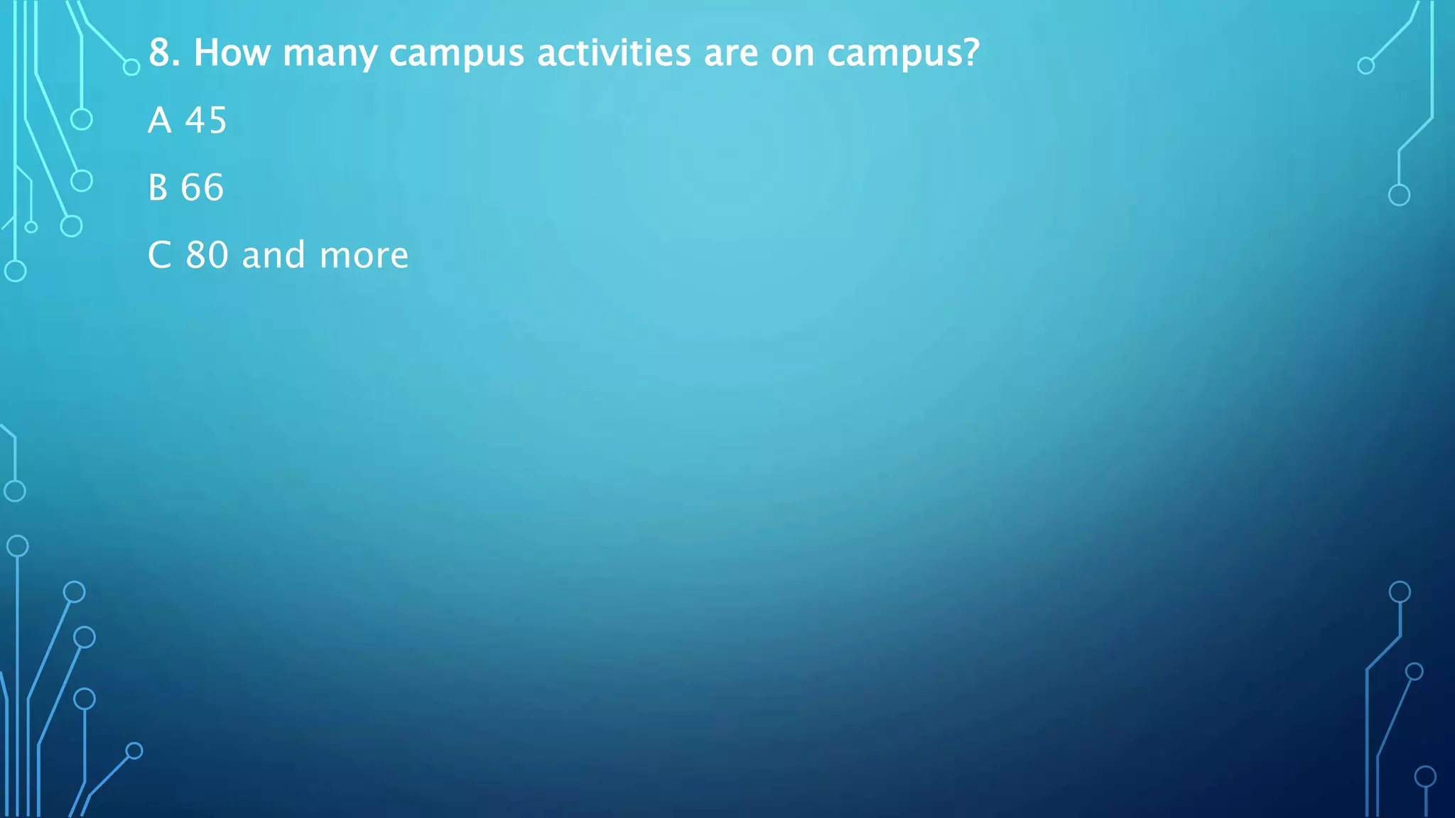 8. How many campus activities are on campus?
A 45
B 66
C 80 and more
 
