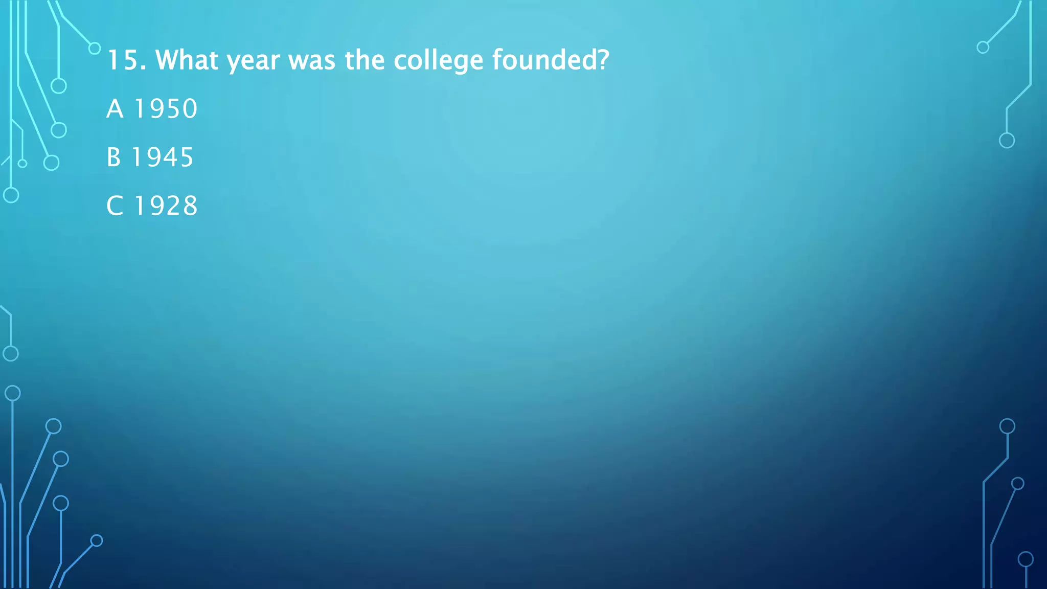 15. What year was the college founded?
A 1950
B 1945
C 1928
 