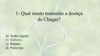 1- Qual inseto transmite a doença
de Chagas?
a) Aedes Agypti.
b) Barbeiro.
c) Baratas.
d) Percevejo.
 