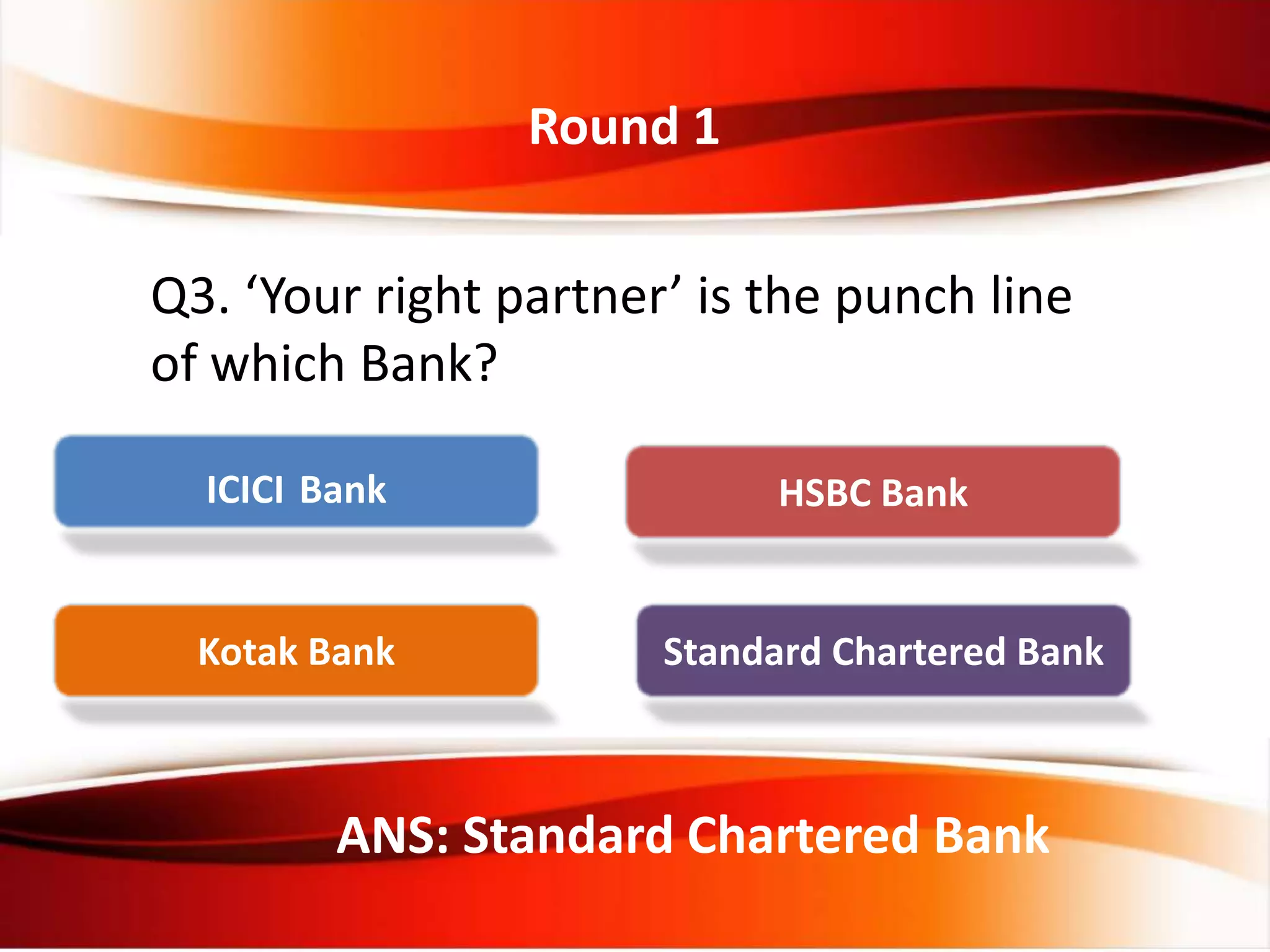 Round 1
Q3. ‘Your right partner’ is the punch line
of which Bank?
ANS: Standard Chartered Bank
ICICI Bank HSBC Bank
Kotak Bank Standard Chartered Bank
 