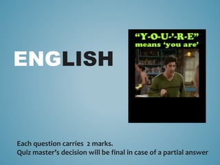 ENGLISH
Each question carries 2 marks.
Quiz master’s decision will be final in case of a partial answer
 