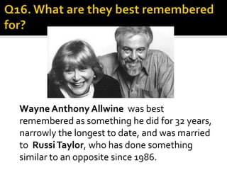 Wayne Anthony Allwine was best
remembered as something he did for 32 years,
narrowly the longest to date, and was married
to RussiTaylor, who has done something
similar to an opposite since 1986.
 