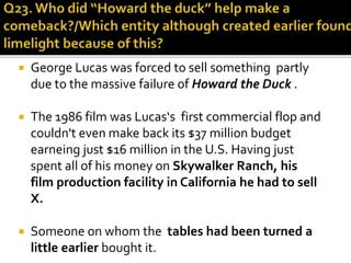  George Lucas was forced to sell something partly
due to the massive failure of Howard the Duck .
 The 1986 film was Lucas‘s first commercial flop and
couldn't even make back its $37 million budget
earneing just $16 million in the U.S. Having just
spent all of his money on Skywalker Ranch, his
film production facility in California he had to sell
X.
 Someone on whom the tables had been turned a
little earlier bought it.
 