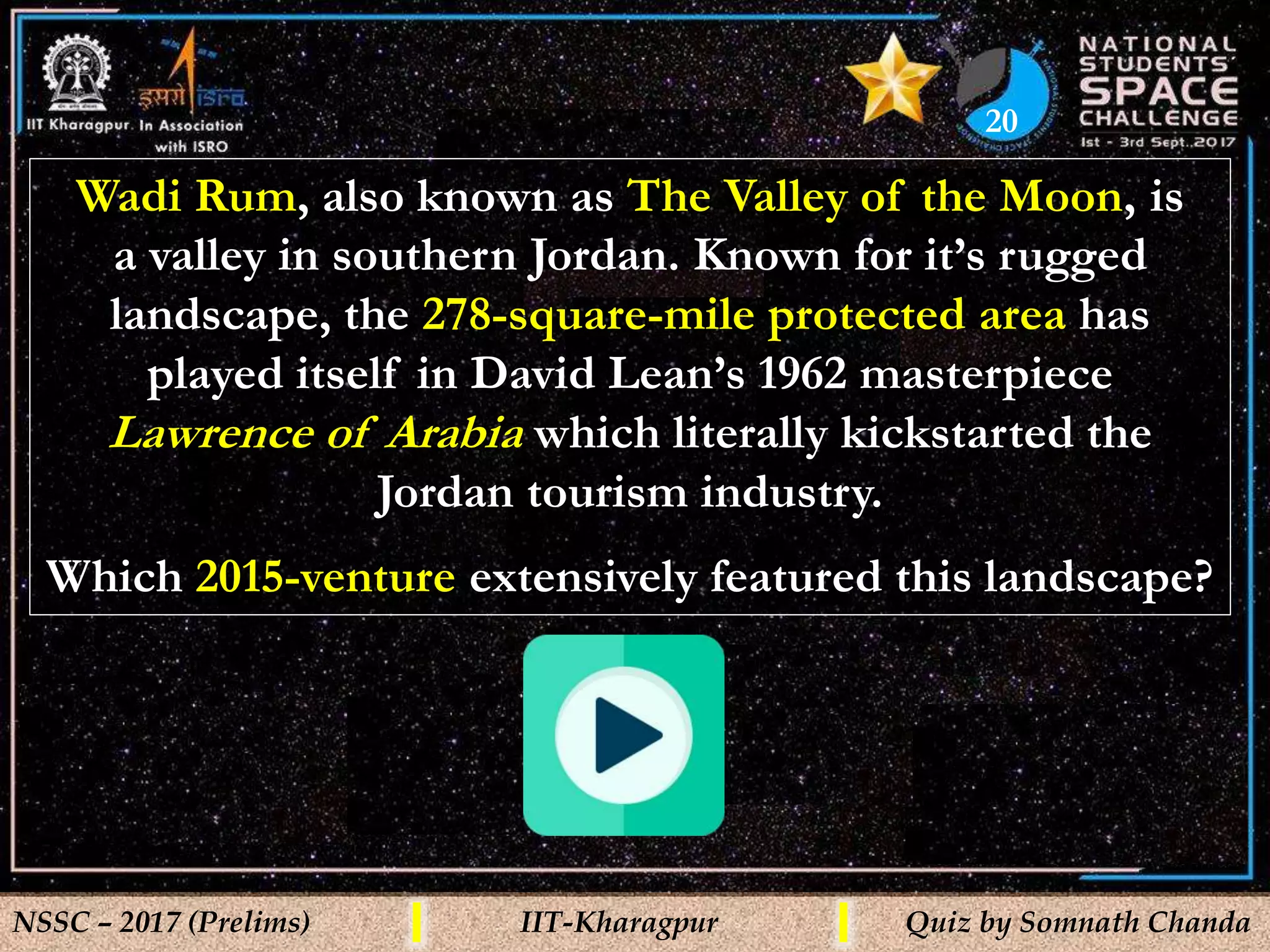 20
NSSC – 2017 (Prelims) IIT-Kharagpur Quiz by Somnath Chanda
Wadi Rum, also known as The Valley of the Moon, is
a valley in southern Jordan. Known for it’s rugged
landscape, the 278-square-mile protected area has
played itself in David Lean’s 1962 masterpiece
Lawrence of Arabia which literally kickstarted the
Jordan tourism industry.
Which 2015-venture extensively featured this landscape?
 