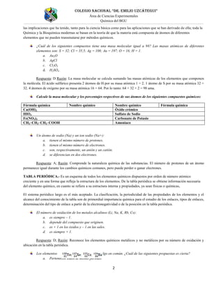 COLEGIO NACIONAL “DR. EMILIO UZCÁTEGUI”
Área de Ciencias Experimentales
Química del BGU
2
las implicaciones que ha tenido, tanto para la ciencia básica como para las aplicaciones que se han derivado de ella; toda la
Química y la Bioquímica modernas se basan en la teoría de que la materia está compuesta de átomos de diferentes
elementos que no pueden transmutarse por métodos químicos.
¿Cuál de los siguientes compuestos tiene una masa molecular igual a 98? Las masas atómicas de diferentes
elementos son: S = 32; Cl = 35,5; Ag = 108; Au = 197; O = 16; H = 1.
a. Au2O
b. AgCl
c. Cl2O3
d. H2SO4
Respuesta: D Razón: La masa molecular se calcula sumando las masas atómicas de los elementos que componen
la molécula. El ácido sulfúrico presenta 2 átomos de H por su masa atómica 1 = 2. 1 átomo de S por su masa atómica 32 =
32. 4 átomos de oxígeno por su masa atómica 16 = 64. Por lo tanto: 64 + 32 + 2 = 98 uma.
Calcule la masa molecular y los porcentajes respectivos de sus átomos de los siguientes compuestos químicos:
Fórmula química Nombre químico Nombre químico Fórmula química
Ca(OH)2 Óxido crómico
HIO3 Sulfato de Sodio
Fe(NO3)3 Carbonato de Potasio
CH3–CH2–CH2–COOH Amoniaco
Un átomo de sodio (Na) y un ion sodio (Na+):
a. tienen el mismo número de protones.
b. tienen el mismo número de electrones.
c. son, respectivamente, un anión y un catión.
d. se diferencian en dos electrones.
Respuesta: A; Razón: Comprende la naturaleza química de las substancias. El número de protones de un átomo
permanece igual durante los cambios químicos comunes, pero puede perder o ganar electrones.
TABLA PERIÓDICA.- Es un esquema de todos los elementos químicos dispuestos por orden de número atómico
creciente y en una forma que refleja la estructura de los elementos. De la tabla periódica se obtiene información necesaria
del elemento químico, en cuanto se refiere a su estructura interna y propiedades, ya sean físicas o químicas,
El sistema periódico largo es el más aceptado. La clasificación, la periodicidad de las propiedades de los elementos y el
alcance del conocimiento de la tabla son de primordial importancia química para el estudio de los enlaces, tipos de enlaces,
determinación del tipo de enlace a partir de la electronegatividad o de la posición en la tabla periódica.
El número de oxidación de los metales alcalinos (Li, Na, K, Rb, Cs):
a. es siempre – 1.
b. depende del compuesto que originen.
c. es + 1 en los óxidos y – 1 en las sales.
d. es siempre + 1.
Respuesta: D; Razón: Reconoce los elementos químicos metálicos y no metálicos por su número de oxidación y
ubicación en la tabla periódica.
Los elementos poseen algo en común. ¿Cuál de las siguientes propuestas es cierta?
a. Pertenecen todos al mismo periodo.
 