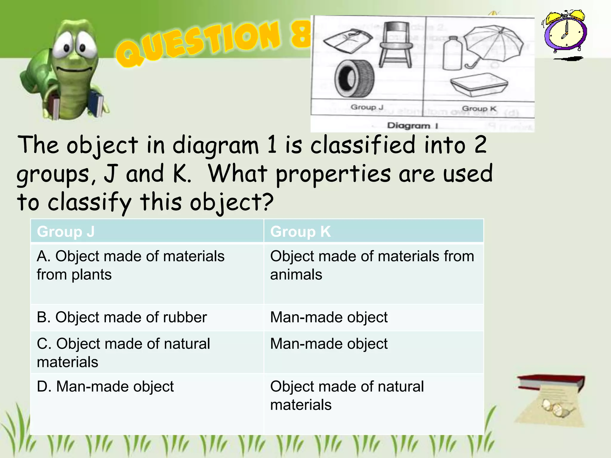 The object in diagram 1 is classified into 2
groups, J and K. What properties are used
to classify this object?
 Group J                       Group K
 A. Object made of materials   Object made of materials from
 from plants                   animals

 B. Object made of rubber      Man-made object
 C. Object made of natural     Man-made object
 materials
 D. Man-made object            Object made of natural
                               materials
 