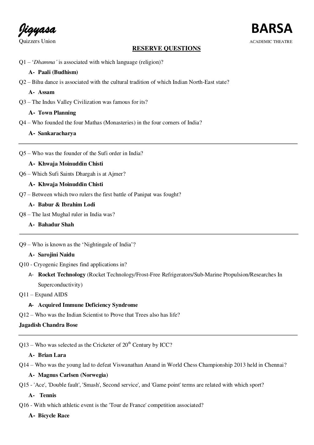 JIGYASA/BARSA Quiz questions