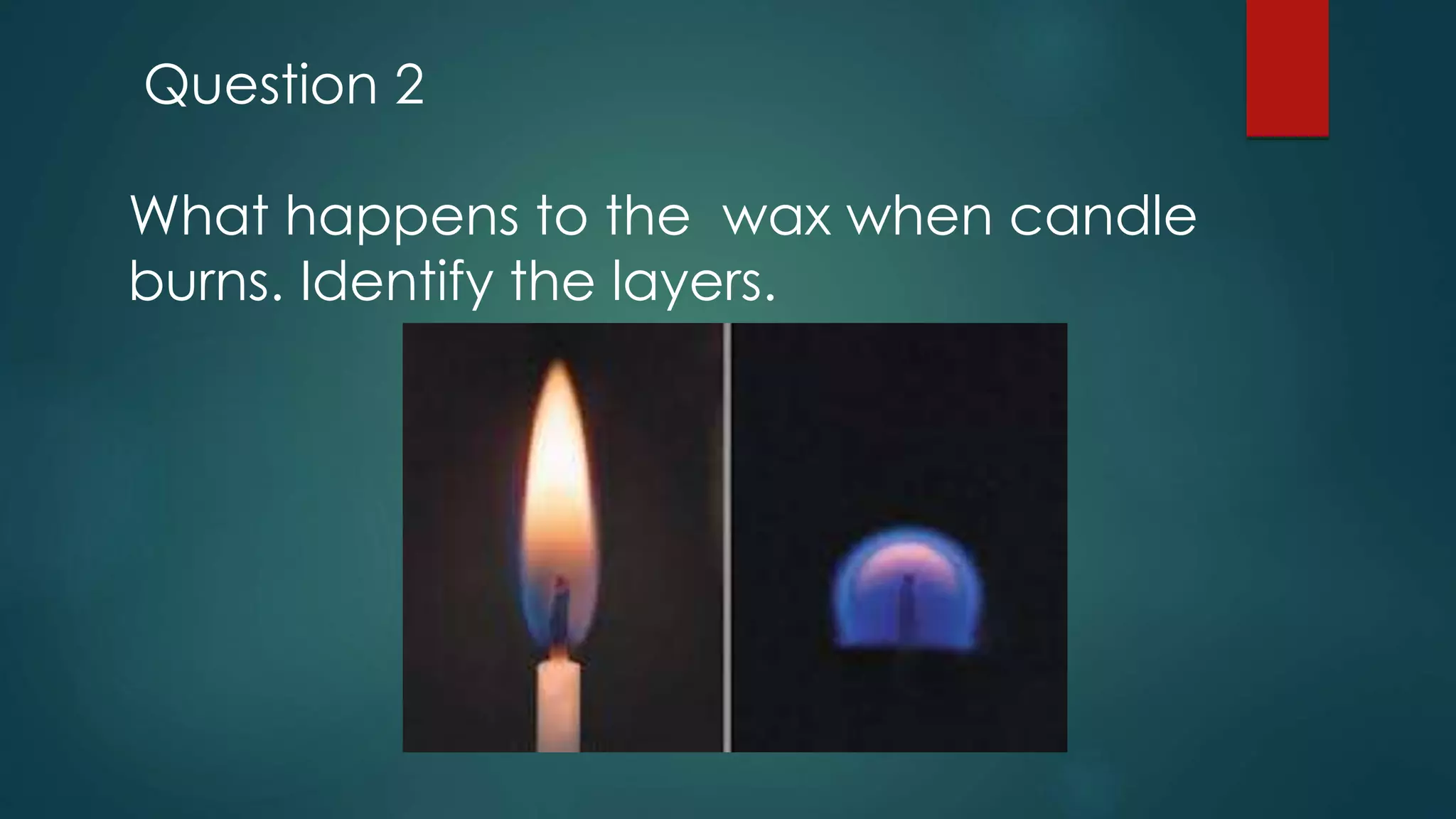 Question 2
What happens to the wax when candle
burns. Identify the layers.
 