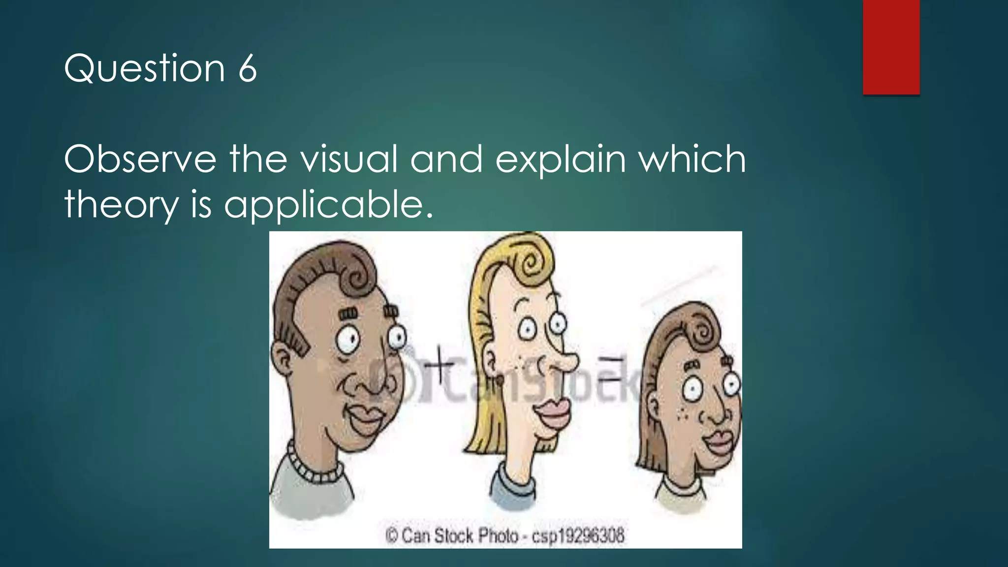 Question 6
Observe the visual and explain which
theory is applicable.
 