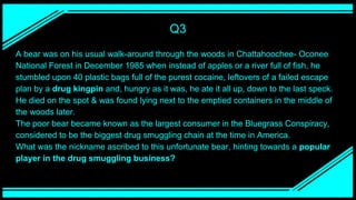 Q3
A bear was on his usual walk-around through the woods in Chattahoochee- Oconee
National Forest in December 1985 when instead of apples or a river full of fish, he
stumbled upon 40 plastic bags full of the purest cocaine, leftovers of a failed escape
plan by a drug kingpin and, hungry as it was, he ate it all up, down to the last speck.
He died on the spot & was found lying next to the emptied containers in the middle of
the woods later.
The poor bear became known as the largest consumer in the Bluegrass Conspiracy,
considered to be the biggest drug smuggling chain at the time in America.
What was the nickname ascribed to this unfortunate bear, hinting towards a popular
player in the drug smuggling business?
 