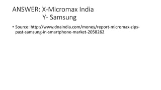 ANSWER: X-Micromax India
Y- Samsung
• Source: http://www.dnaindia.com/money/report-micromax-zips-
past-samsung-in-smartphone-market-2058262
 
