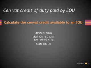 Cen vat credit of duty paid by EOU

AV Rs 20 lakhs
BCD 10% ; ED 12 %
EC& SEC 2% & 1%
State VAT 4%

10/15/2013

23

 