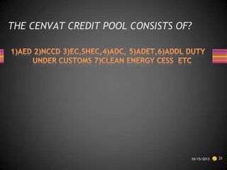 THE CENVAT CREDIT POOL CONSISTS OF?

10/15/2013

31

 