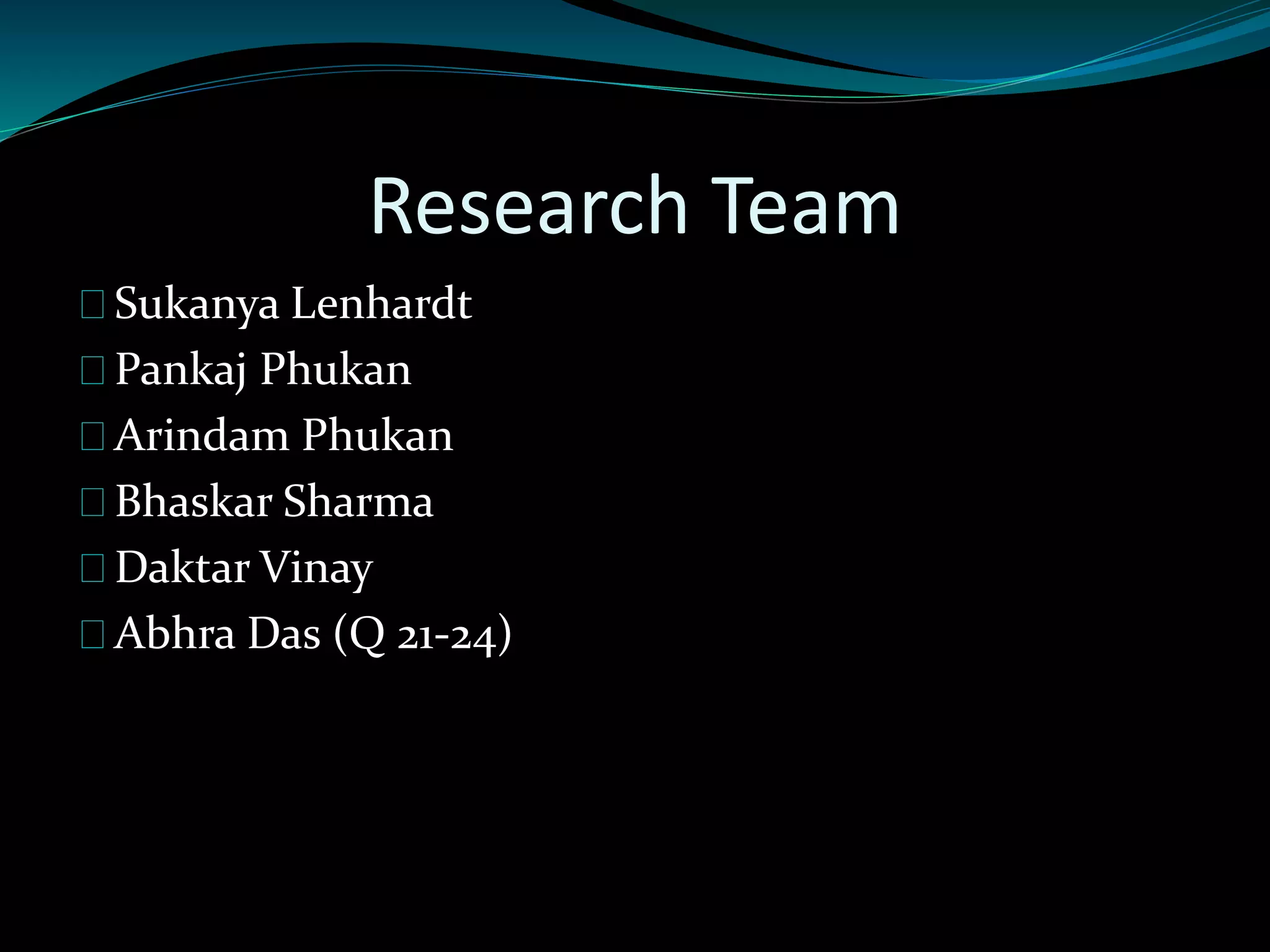 Research Team 
Sukanya Lenhardt 
Pankaj Phukan 
Arindam Phukan 
Bhaskar Sharma 
Daktar Vinay 
Abhra Das (Q 21-24) 
 