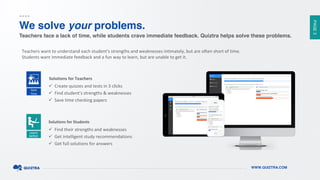 PAGE3
WWW.QUIZTRA.COM
Create  quizzes  and  tests  in  3  clicks  
  
Save  time  checking  papers  
Teachers  want  to  u...