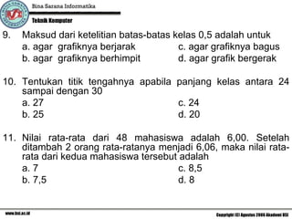 9.   Maksud dari ketelitian batas-batas kelas 0,5 adalah untuk
     a. agar grafiknya berjarak          c. agar grafiknya bagus
     b. agar grafiknya berhimpit         d. agar grafik bergerak

10. Tentukan titik tengahnya apabila panjang kelas antara 24
    sampai dengan 30
    a. 27                            c. 24
    b. 25                            d. 20

11. Nilai rata-rata dari 48 mahasiswa adalah 6,00. Setelah
    ditambah 2 orang rata-ratanya menjadi 6,06, maka nilai rata-
    rata dari kedua mahasiswa tersebut adalah
    a. 7                               c. 8,5
    b. 7,5                             d. 8
 