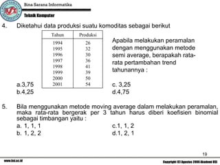 4.   Diketahui data produksi suatu komoditas sebagai berikut
                 Tahun     Produksi
                 1994        26        Apabila melakukan peramalan
                 1995        32        dengan menggunakan metode
                 1996        30        semi average, berapakah rata-
                 1997        36        rata pertambahan trend
                 1998        41
                 1999        39        tahunannya :
                 2000        50
     a.3,75      2001        54        c. 3,25
     b.4,25                            d.4,75

5.   Bila menggunakan metode moving average dalam melakukan peramalan,
     maka rata-rata bergerak per 3 tahun harus diberi koefisien binomial
     sebagai timbangan yaitu :
     a. 1, 1, 1                     c.1, 1, 2
     b. 1, 2, 2                     d.1, 2, 1


                                                                       19
 