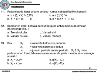 11.   Pada metode least square berlaku rumus sebagai berikut kecuali :
      a. b = (∑ YX) / ( ∑X2)           c. a = ( ∑Y) / n
      b. Y’ = a + bx      d.           d. b = (∑YX) / ( ∑ X)

12.   Komponen deret berkala berikut berguna untuk membuat ramalan
      (forcasting) yaitu :
      a. Trend sekuler        c. Variasi sikli
      b. Variasi musim        d. Variasi random

13.   Bila        X1   = rata-rata kelompok pertama
                  X2   = rata-rata kelompok kedua
                   n   = jumlah periode antara periode X1 & X2 maka
      pertambahan trend tahunan secara rata-rata pada metode semi average
      adalah :
      a.(X2 + X1)/n                     c. n(X2 - X1)
      b.(X2 - X1)/n                     d. n(X2 +X1)
                                                                         23
 