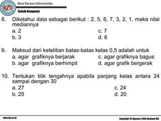 8.   Diketahui data sebagai berikut : 2, 5, 6, 7, 3, 2, 1, maka nilai
     mediannya
     a. 2                                c. 7
     b. 3                                d. 6

9.   Maksud dari ketelitian batas-batas kelas 0,5 adalah untuk
     a. agar grafiknya berjarak          c. agar grafiknya bagus
     b. agar grafiknya berhimpit         d. agar grafik bergerak

10. Tentukan titik tengahnya apabila panjang kelas antara 24
    sampai dengan 30
    a. 27                                  c. 24
    b. 25                                  d. 20
 