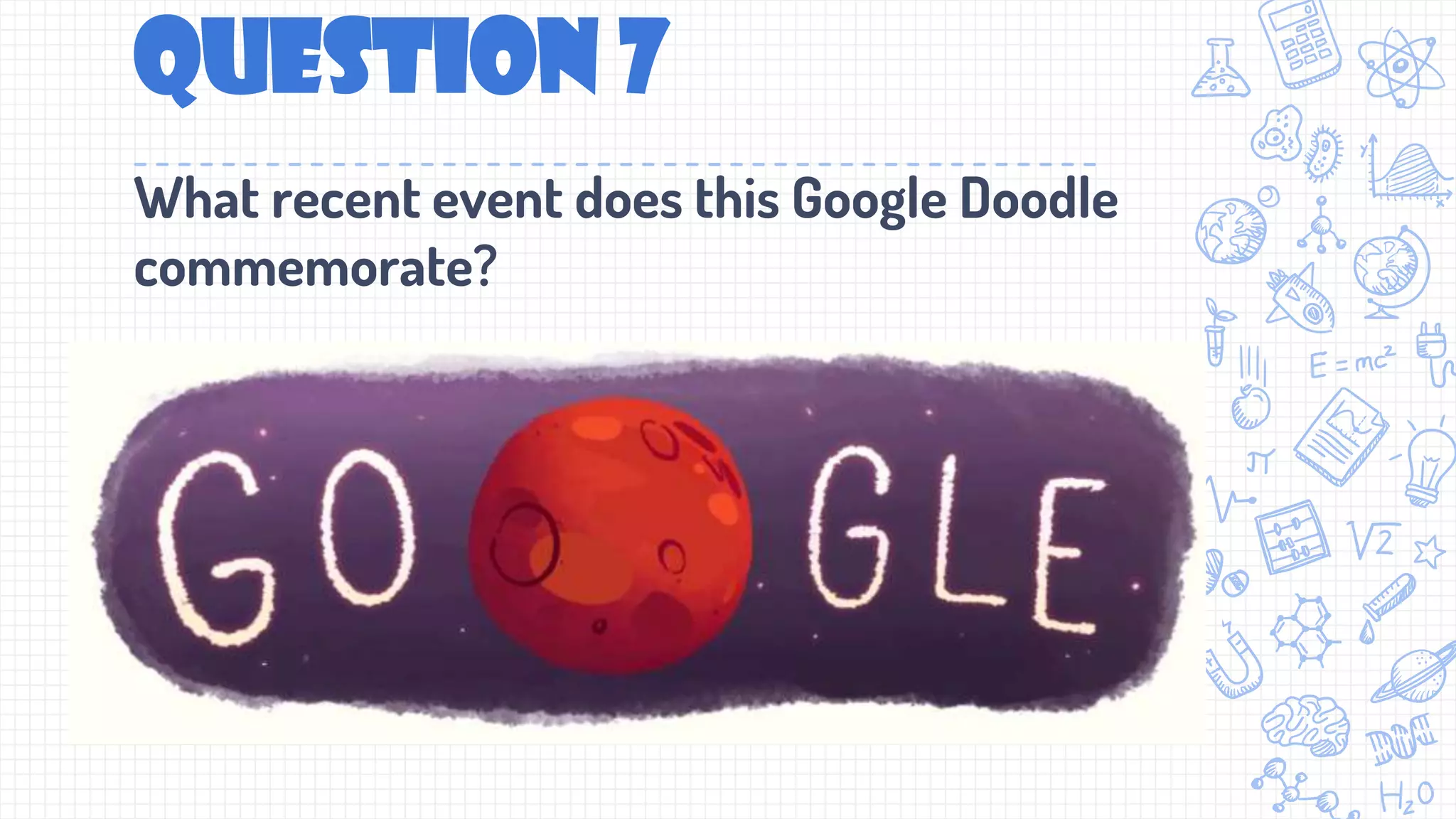 Question 7
What recent event does this Google Doodle
commemorate?
 