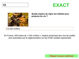 Quelle espèce de vigne est utilisée pour 
produire du vin ? 
12 
La vitis vinifera. 
EXACT 
En France, 249 sortes de « Vitis vinifera », espèce produisant des vins de qualité, 
sont autorisées par la réglementation sur les 5 000 variétés répertoriées 
Cliquer ici pour continuer 
 