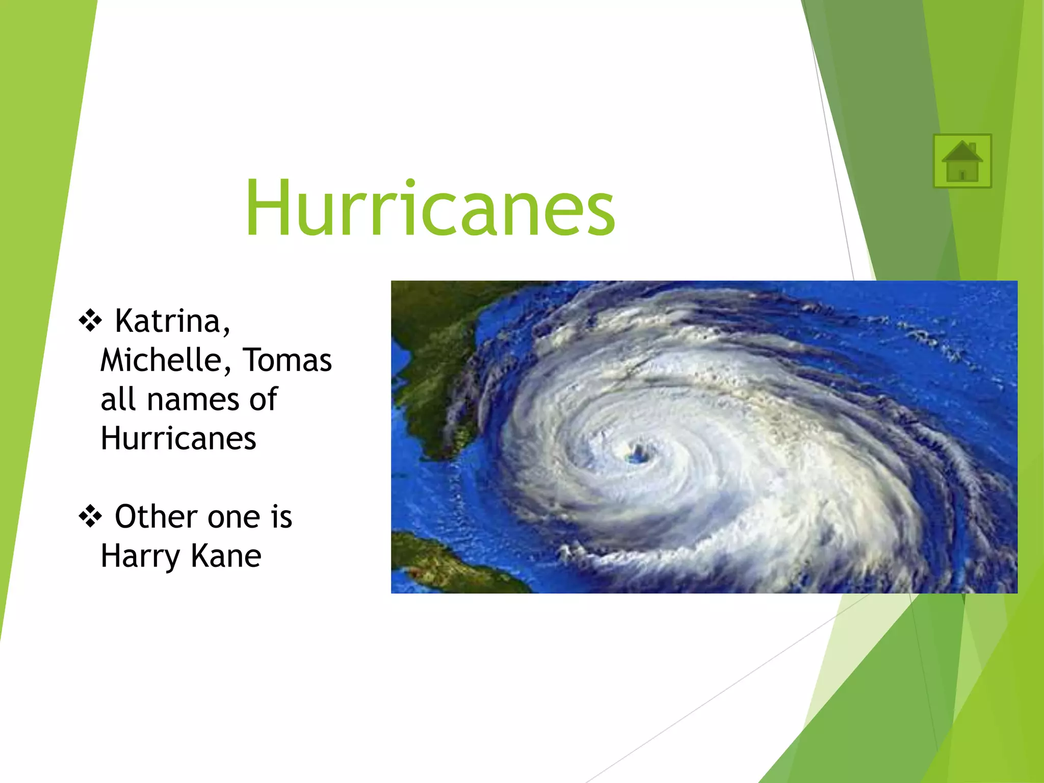 Hurricanes
 Katrina,
Michelle, Tomas
all names of
Hurricanes
 Other one is
Harry Kane
 
