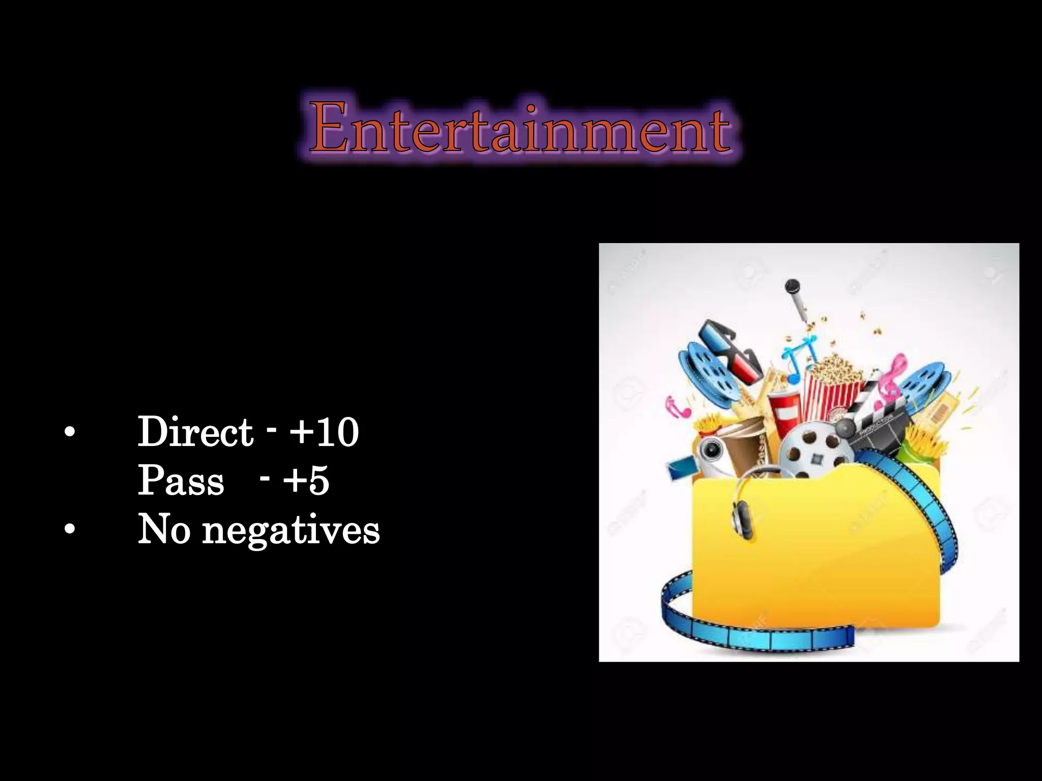 • Direct - +10
Pass - +5
• No negatives
 